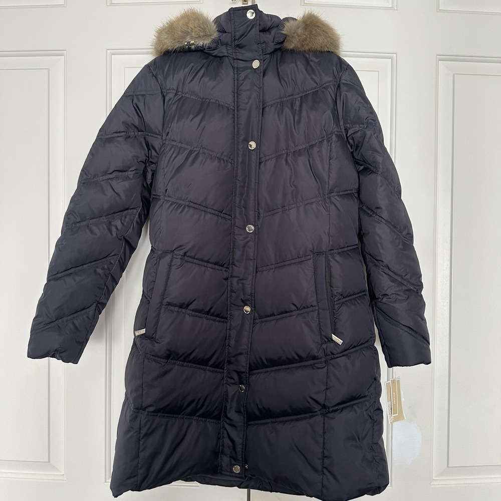 MICHAEL Michael Kors Coat Womens Large Gunmetal Hooded Puffer Faux Fur Down Long